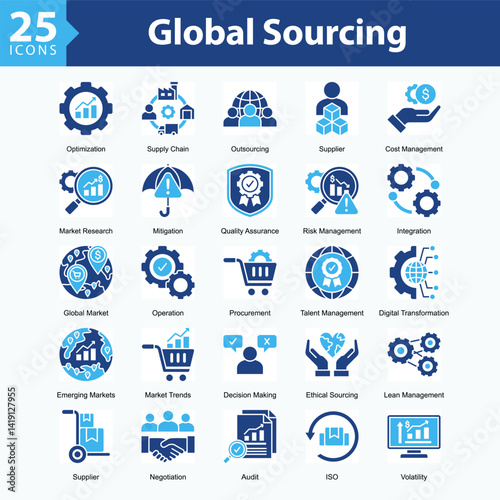 Global Sourcing is a collection of icons in sheet format representing global trade, supply chain management, product innovation, and international business collaboration.