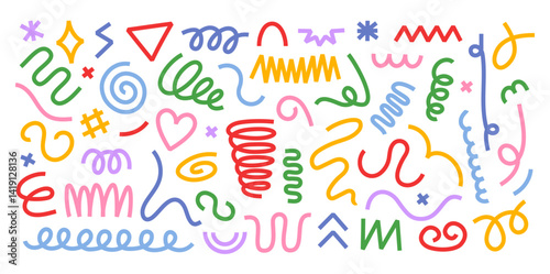 Abstract scribble stripe doodle shapes. Hand drawn wavy and curly lines, swirls, spirals and squiggles. Colorful retro decoration design elements vector set.