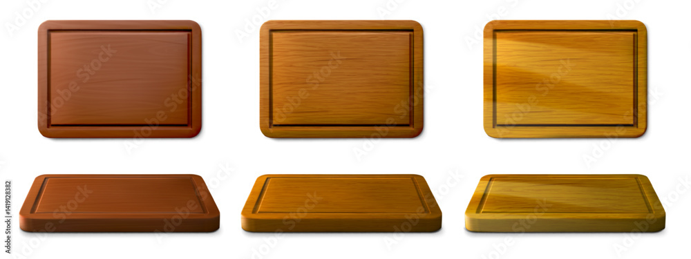 Fototapeta premium Wooden cutting boards. Rectangular chopping board mockups, empty wood trays top and perspective view. Realistic 3D kitchen utensil, food preparation tableware surface with wood texture vector set.