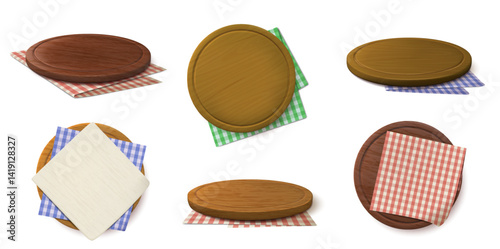 Wooden pizza boards with napkins. Round chopping board mockups, empty circle wood tray with checkered cloth. Serving platters, kitchen tableware with wood texture, gingham tablecloths 3D vector set.