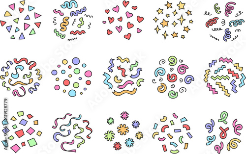 Hand drawn party confetti decorations. Doodle confetti pattern circles, colorful celebration streamers, ribbons, stars and hearts shapes. Festive decor backgrounds vector set.
