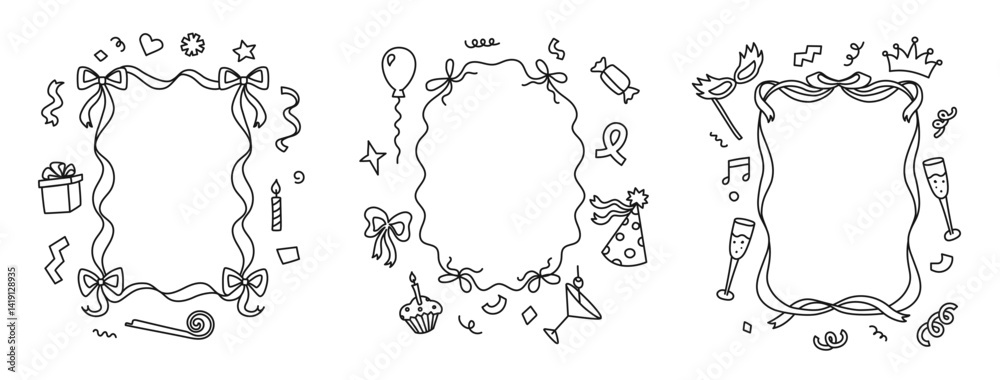 Fototapeta premium Hand drawn party frames. Doodle celebration border outlines with ribbons, gift boxes, line art bows, confetti and party elements. Birthday invitation vertical frame templates vector set.
