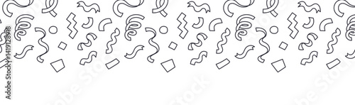 Doodle confetti border outline. Party pattern divider with doodle streamers and hand drawn ribbon shapes. Falling confetti line art footer or header vector background.