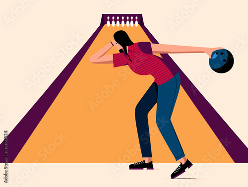 A female bowler leaning in a dynamic pose at the wooden bowling lane