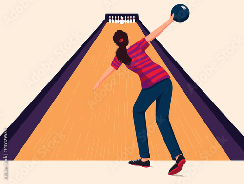 A female bowler leaning in a dynamic pose at the wooden bowling lane