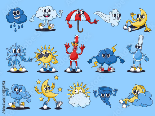 Retro cartoon weather characters. Groovy forecast mascots, vintage 30s animation style weather symbols. Funny cloud, sun, moon, snow, wind, thermometer, storm, tornado character vector set.