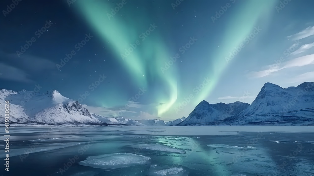 Naklejka premium The aurora borealis shimmers and dances in an ethereal display of color and light casting a mesmerizing neon reflection across the frozen river below