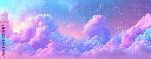 3D illustration of a fluffy celestial cloud field under a pastel galaxy with twinkling stars and a soft gradient background