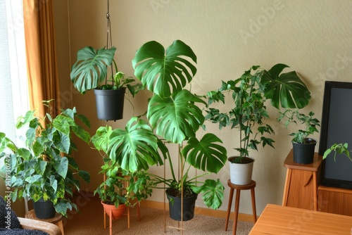 Indoor plant display in a cozy room photo