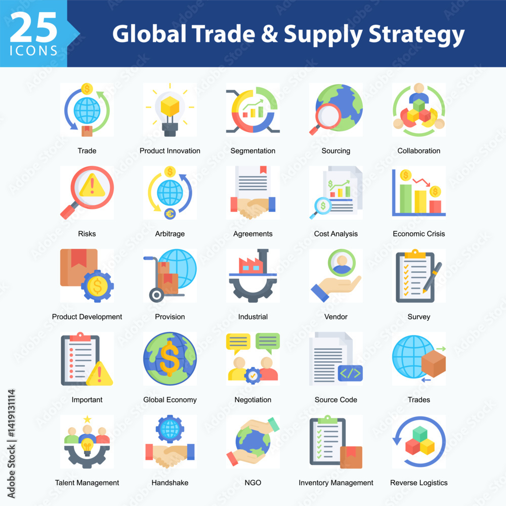 WebGlobal Trade & Supply Strategy is a collection of icons in sheet format representing global trade, supply chain management, product innovation, and international business collaboration.