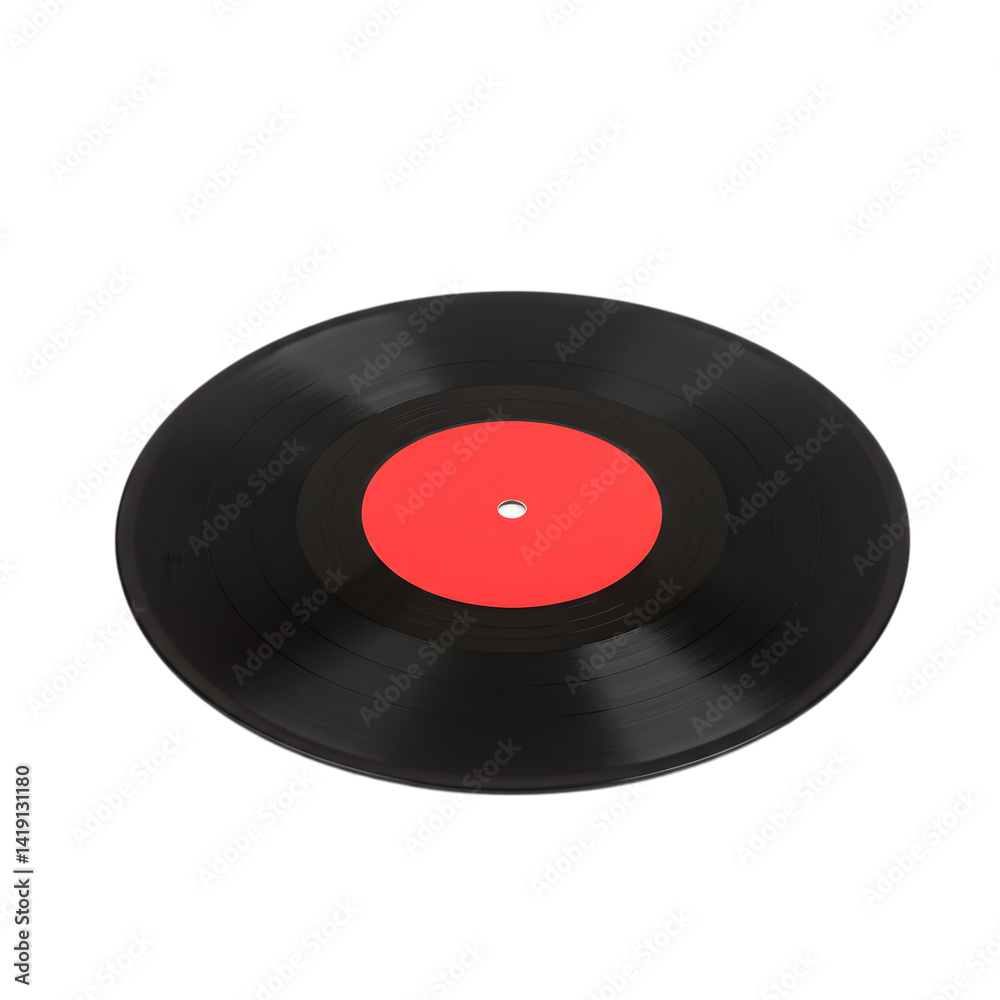 Fototapeta premium Vinyl Record with Transparent Background, Red Label, Audio, Music, Analog, Disc, Retro, Vintage, Classic, Sound, Groove, Spin, Playback, Black, Red, Graphic Resource, Hobbies, Leisure, Nostalgia