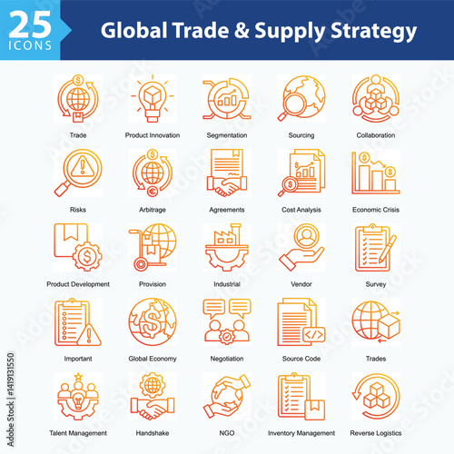 WebGlobal Trade & Supply Strategy is a collection of icons in sheet format representing global trade, supply chain management, product innovation, and international business collaboration.