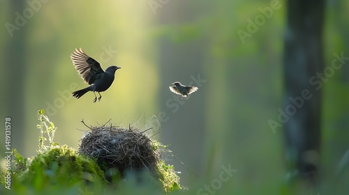 A fierce mother bird with its wings spread and beak open fiercely defends its nest against an approaching predator driven by its innate instinct to protect its young