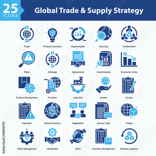WebGlobal Trade & Supply Strategy is a collection of icons in sheet format representing global trade, supply chain management, product innovation, and international business collaboration.
