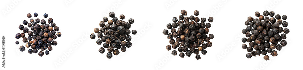 Black peppercorns spice heaps close up, aromatic cut out transparent