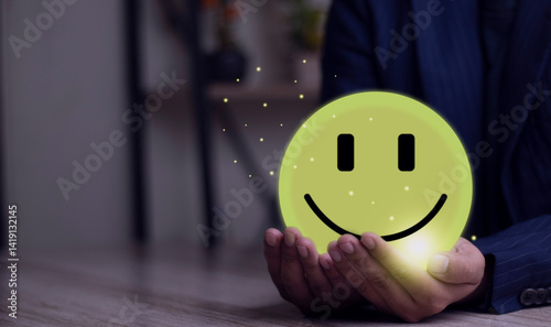 Customer service and Satisfaction concept ,Business people are touching the virtual screen on the happy Smiley face icon to give satisfaction in service. rating very impressed