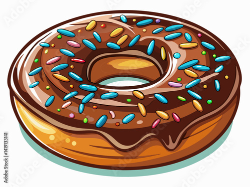 A high-quality vector illustration of a round glazed donut with chocolate icing and sprinkles, isolated on a white background