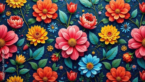 Intricate floral textile design, repeating motif, texture, geometric