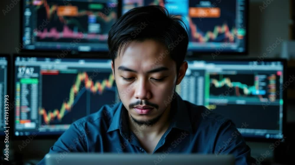 Trader looking stressed in front of fluctuating market monitors, fast-paced financial environment, Economic fluctuations concept, Generative AI. Trader looking stressed in front of fluctuating market monitors, fast-paced financial environment, Economic fluctuations concept, Generative AI.