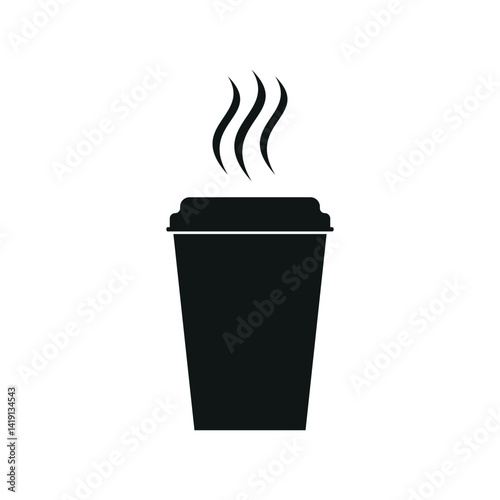 Black silhouette of a takeaway coffee cup with steam lines. Simple icon for cafe menus, coffee related apps, websites, or branding materials. Clean and minimal design.