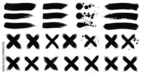 Grunge Ink Brush Stroke and X Mark Vector Set

