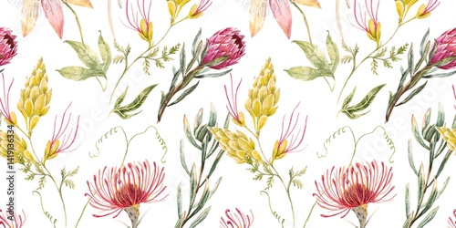Fototapeta Naklejka Na Ścianę i Meble -  Watercolor Floral Pattern of Protea, Passionflower and Other Botanicals on White Background