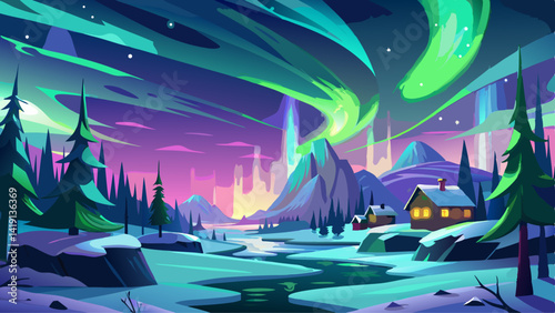 The breathtaking aurora borealis dances across the night sky in Yellowknife, Northwest Territories, Canada, with vibrant green and purple lights illuminating the snow-covered