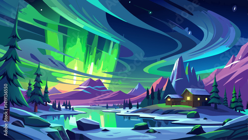 The breathtaking aurora borealis dances across the night sky in Yellowknife, Northwest Territories, Canada, with vibrant green and purple lights illuminating the snow-covered