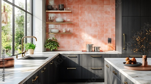 A modern kitchen with charcoal gray cabinetry and coral pink tile backsplash, marble countertops and brass fixtures, sunlight beaming through nearby window, warm and contemporary style.