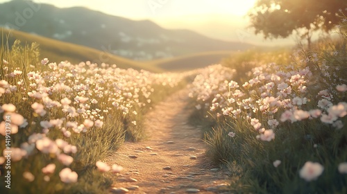 A romantic countryside trail lined with olive drab foliage and blooming dusty rose wildflowers, golden hour lighting casting soft shadows, peaceful and nostalgic scene.