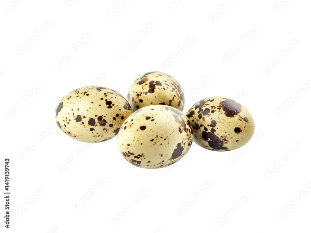 A Close-Up Shot of Four Speckled Quail Eggs Isolated on a Black Background A Close-Up Shot of Four Speckled Quail Eggs Isolated on a Black Background