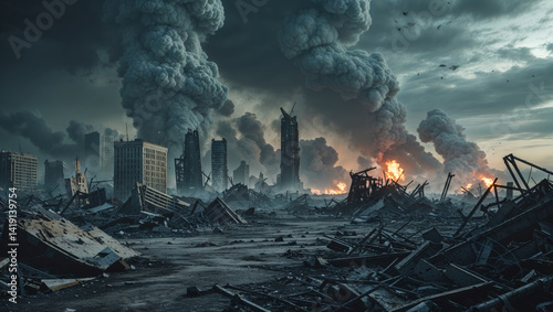Fototapeta Naklejka Na Ścianę i Meble -  A desolate cityscape shows a scene of devastation after a massive explosion and inferno.
