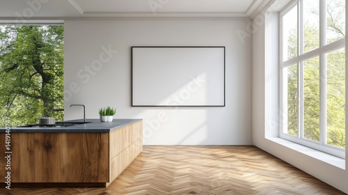 Interior view showcases modern kitchen island and large window