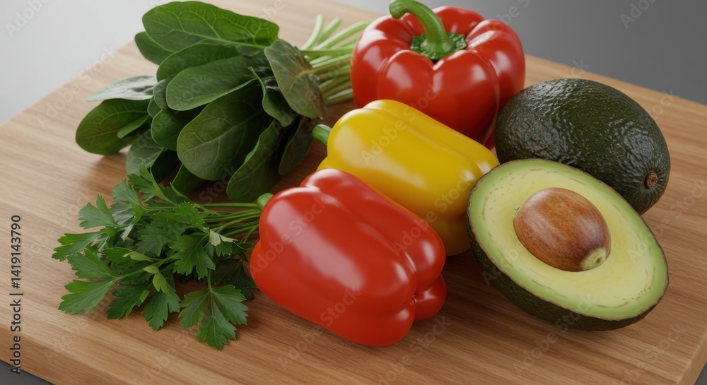 Red and Yellow Bell Peppers Avocado Spinach and Parsley on Wooden Board Red and Yellow Bell Peppers Avocado Spinach and Parsley on Wooden Board