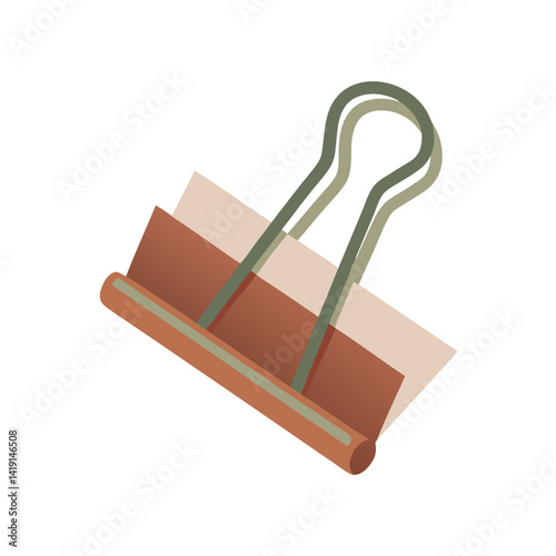 Clip binder with green handle holding sheets on white background  