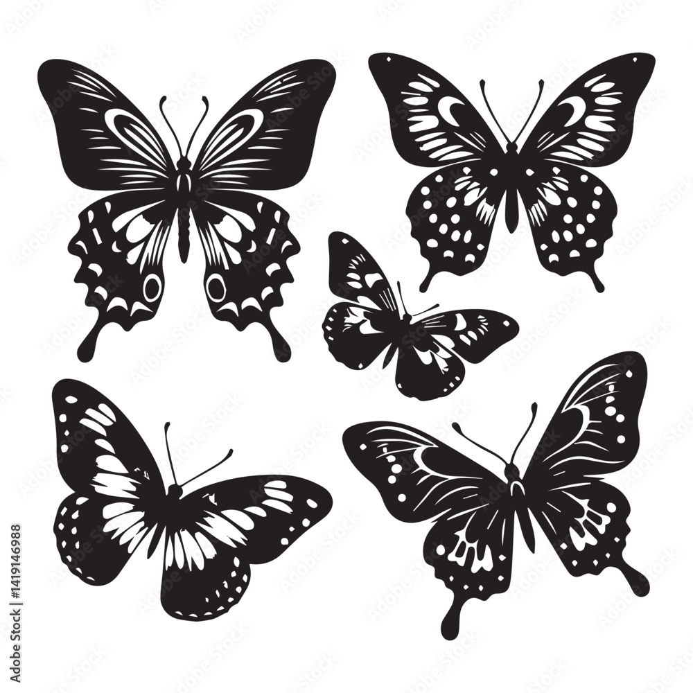 Obraz premium Butterfly Silhouette Vector Collection – Elegant Black Insect Icons for Nature, Spring, and Decorative Designs