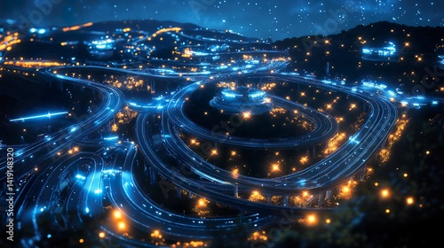 Futuristic Highway Interchange at Night with Glowing Lights and Modern Design