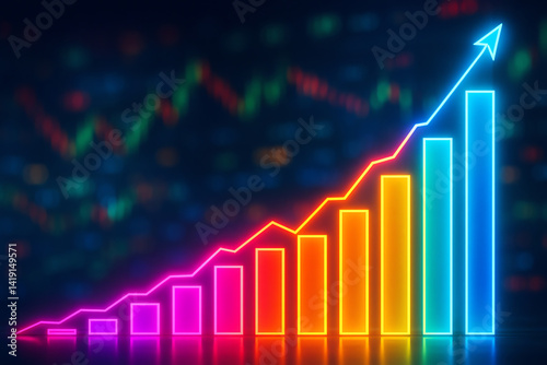 A vibrant neon chart representing growth  with colorful bars rising against a blurred financial background. This image symbolizes success  progress  and innovation in business.