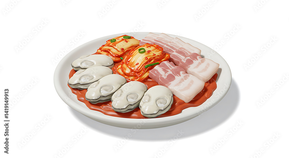 Assorted Food Plate with Kimchi, Pork and Oysters Isolated Assorted Food Plate with Kimchi, Pork and Oysters Isolated