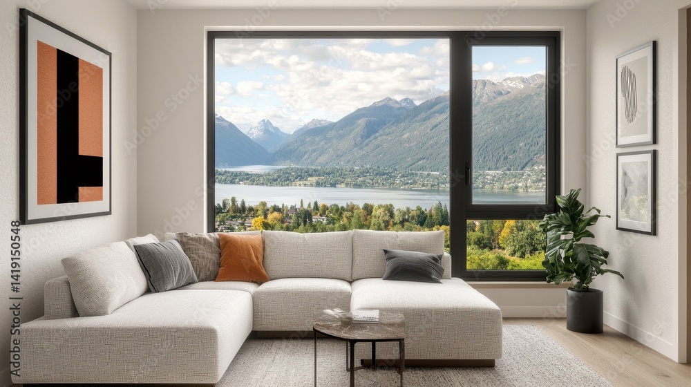 Obraz premium Modern Living Room with Scenic View of Mountains and Lake