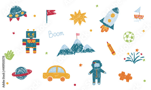 Cute set of children draw style hand drawn by a boy. Doodle sketch various icons such as robot, stars, speech bubbles, cars, rockets, lines.