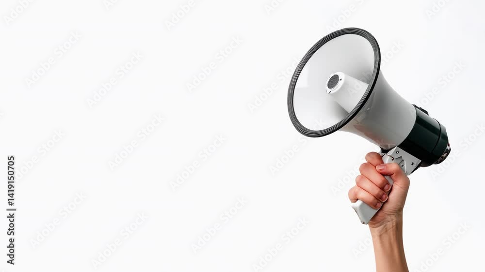 Hand Holding Megaphone on White Background, Loop video Hand Holding Megaphone on White Background, Loop video