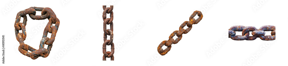 Old rusty chains of different shapes on a black backdrop, cut out transparent Old rusty chains of different shapes on a black backdrop, cut out transparent