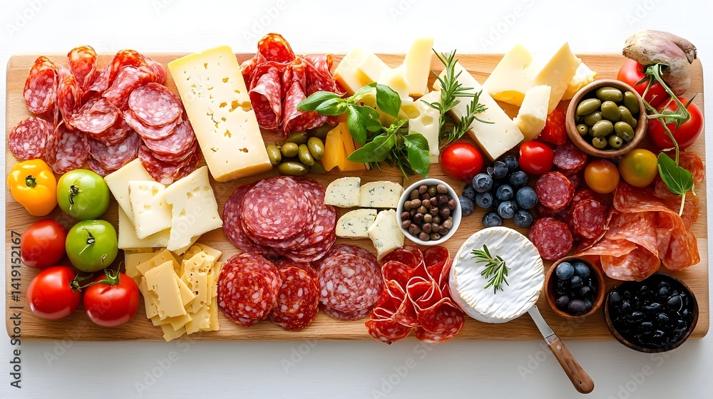 Fototapeta premium Beautifully Crafted Charcuterie Board Featuring a Delectable Assortment of Premium Meats Artisanal Cheeses and Expertly Curated Gourmet Garnishes for an Indulgent Culinary Experience