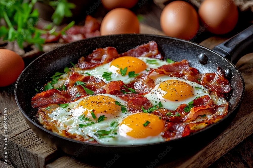 Delicious breakfast of crispy bacon and perfectly fried eggs. Delicious breakfast of crispy bacon and perfectly fried eggs.
