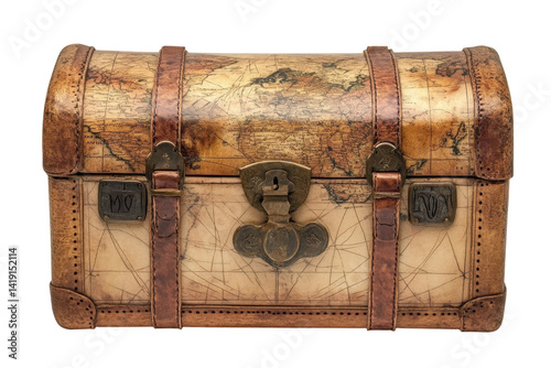 Antique world map leather treasure chest vintage travel trunk aged brown leather brass clasp on transparent background