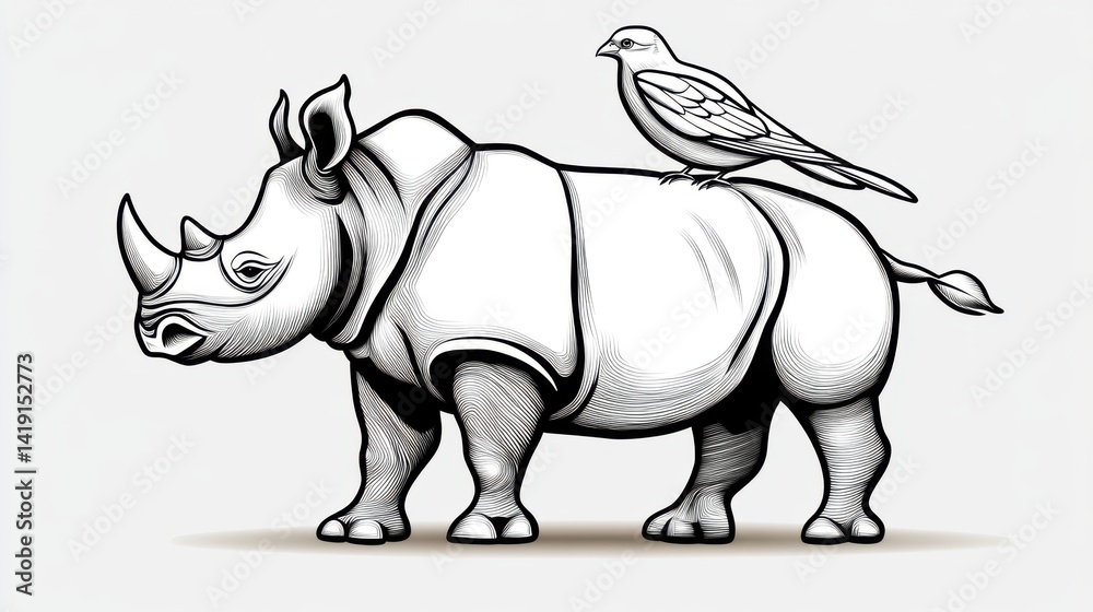 Fototapeta premium Artistic black and white line drawing of a detailed rhinoceros with an added bird perched on its back in a minimalist illustrative style perfect for wildlife education and creative projects