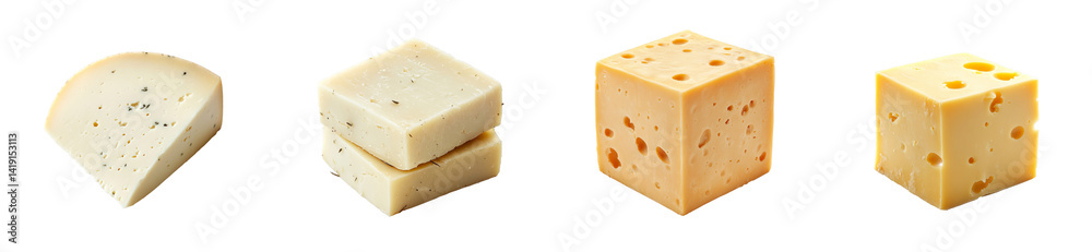 Assortment of cheese blocks in various flavors and holes, cut out transparent Assortment of cheese blocks in various flavors and holes, cut out transparent
