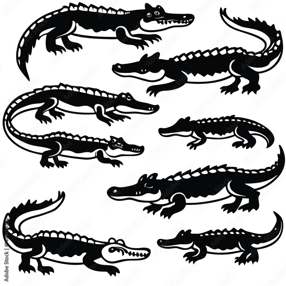 Fototapeta premium Seven black-and-white cartoon crocodiles in various poses, mostly fully shaded, with spiky backs and exaggerated features like large eyes and open mouths.