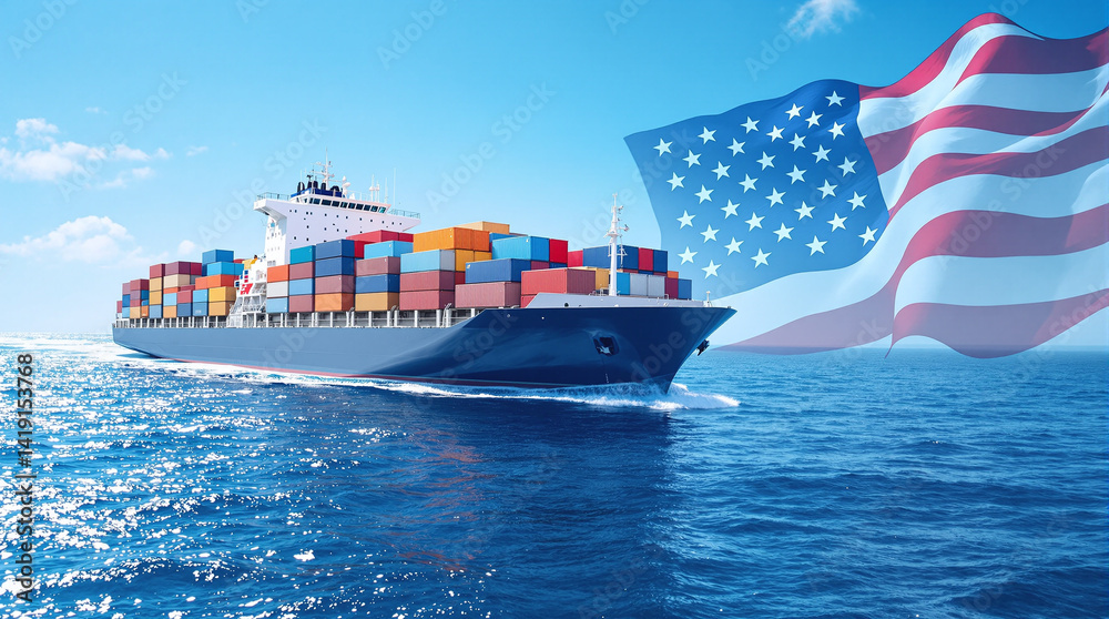 Fototapeta premium A cargo ship with containers moves along the ocean against the background of the American flag in the sky — a concept of international shipping, logistics and trade